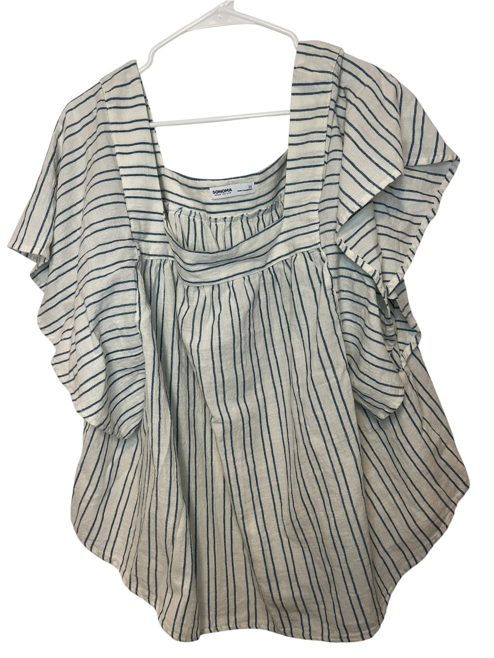 SONOMA Cream Top with Navy Vertical Stripes and Ruffle Sleeves Women's L396